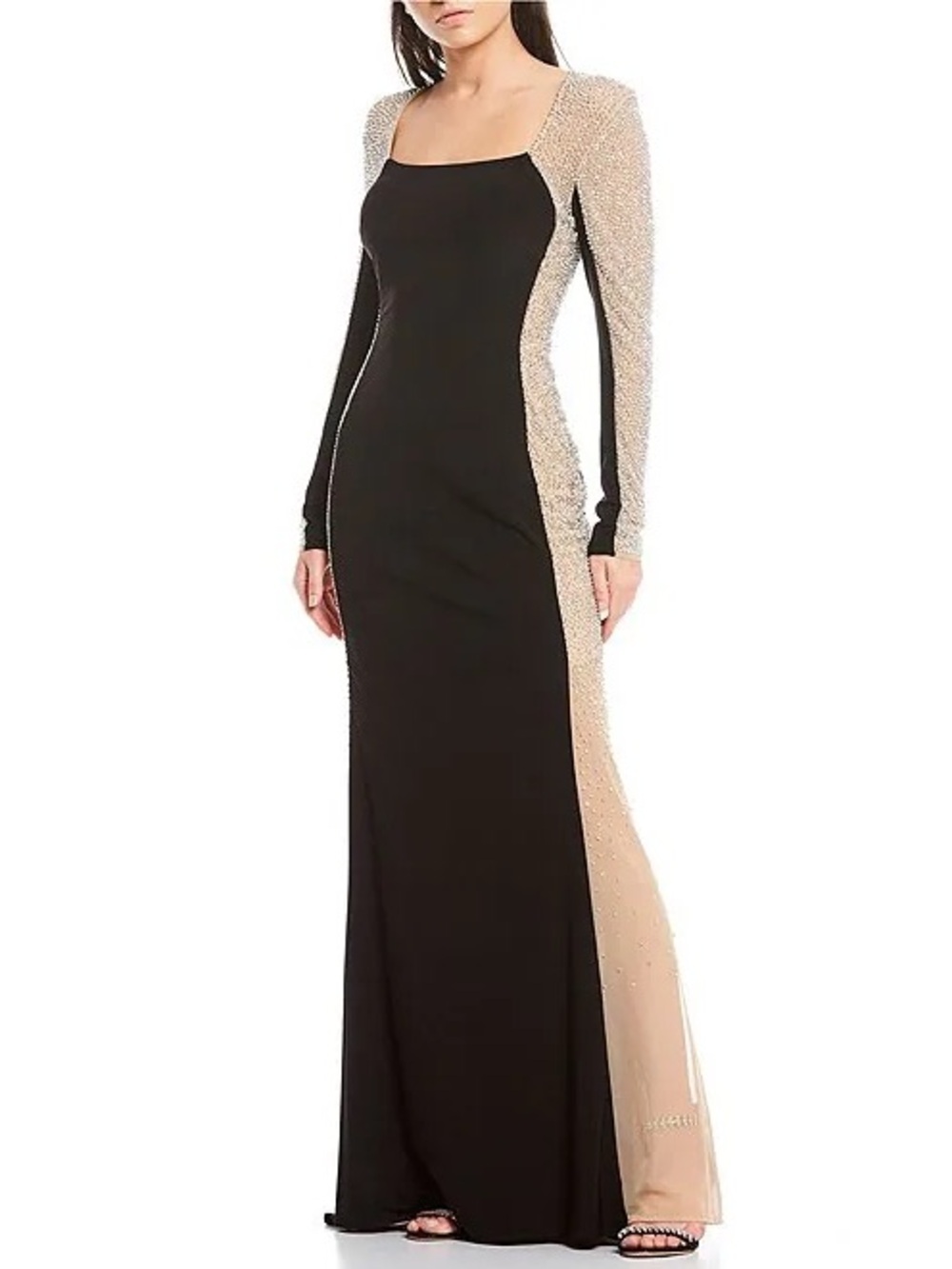 NWT Xscape Jillian Long Sleeve Evening Gown Caviar Beaded Mesh Illusion Panels